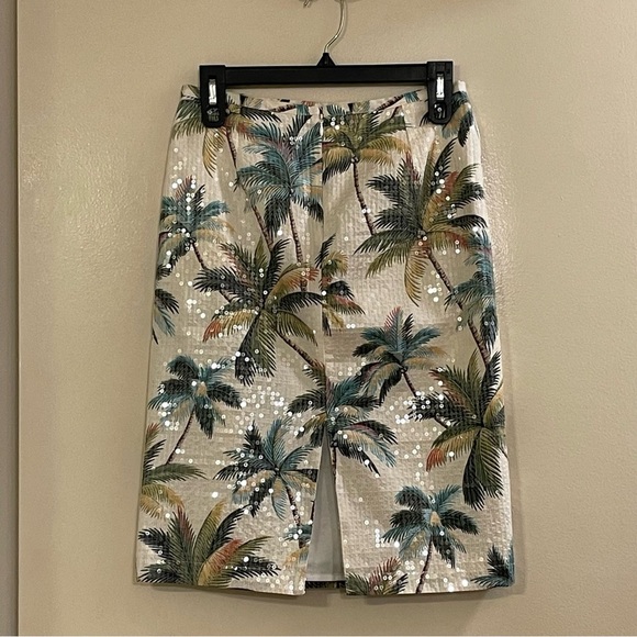 LE SUPERBE NWOT Hawaiian Shine Sequin Palm Tree Pencil Skirt in Multi - Picture 4 of 6